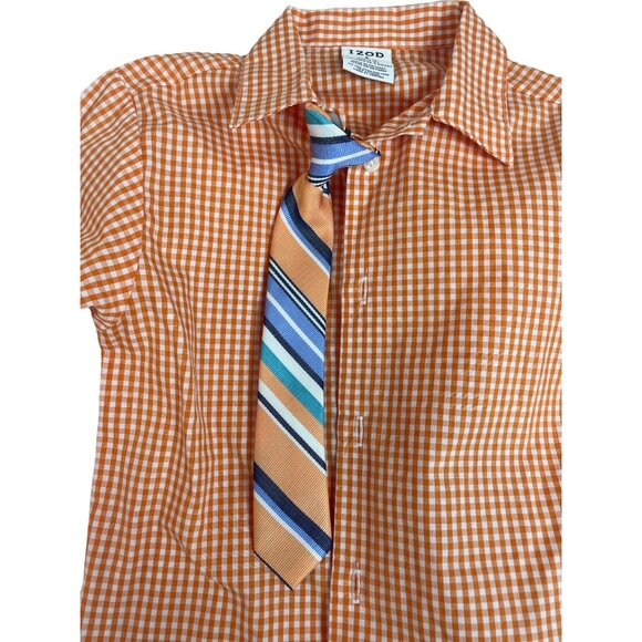 Izod Boys Orange Gingham Shirt & Striped Clip-On Tie Set Size 6 - Picture 3 of 6